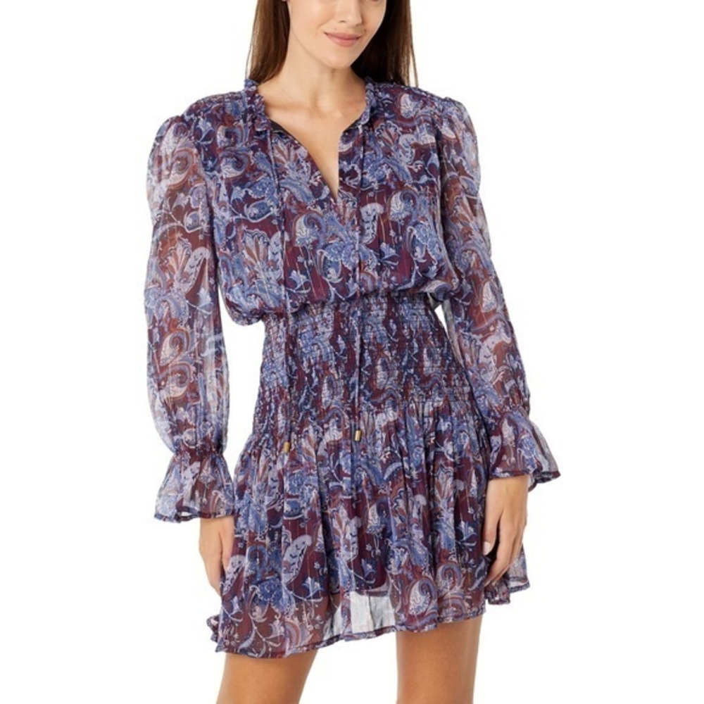 Bishop + young paisley purple and blue smocked boho mini dress